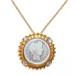 Barber Quarter in Goldtone Bezel with Crystal Accents - Goldtone Chain