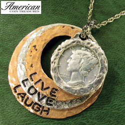 Silver Mercury Dime Tri Color Circle Pendant Live/Love/Laugh 24 Inch Chain Model# 733