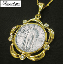 Silver Standing Liberty Quarter Goldtone Pendant Scalloped with Crystals and 24 Inch Chain Model# 838