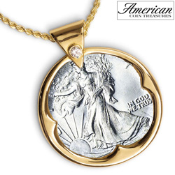 Silver Walking Liberty Half Dollar Goldtone Pendant with Crystal Bail 24 Inch Chain&nbsp;&nbsp;Model#&nbsp;842