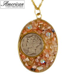Silver Mercury Dime Natural Sunstone Pendant with Swarovski Crystal Model# 1868