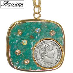 Silver Barber Dime Pendant with Amazonite Stone and Swarovski Crystal&nbsp;&nbsp;Model#&nbsp;1869