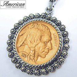 Gold-Layered Buffalo Nickel Silvertone Blossom Pendant 24 inch Chain Model# 2333