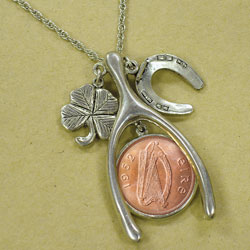 Lucky Irish Penny Silvertone Wish Bone Pendant Model# 2639
