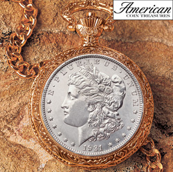 1921 Morgan Silver Dollar Goldtone Coin Pocket Watch Coin Jewelry Model# 7110