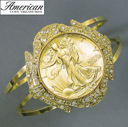 Gold-Layered Silver Walking Liberty Half Dollar Goldtone Coin Cuff Bracelet with Crystals Coin Jewelry Model# 11117