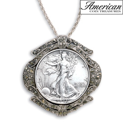 Silver Walking Liberty Half Dollar Marcasite Coin Pin/Pendant&nbsp;&nbsp;Model#&nbsp;5693