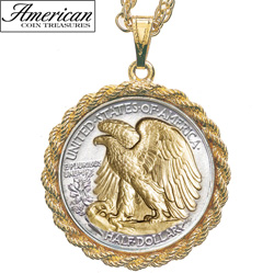 Selectively Gold-Layered Silver Walking Liberty Half Dollar Rope Coin Pendant Model# 11135