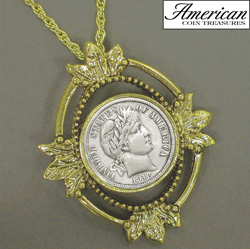 Goldtone Open Oval Leaf Silver Barber Dime Coin Pendant Model# 731