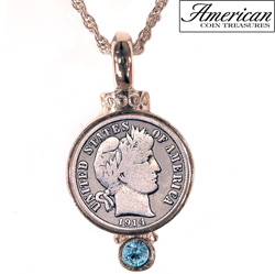 Silver Barber Dime Pendant with Aqua Crystal Model# 5738
