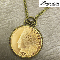 $10 Indian Head Eagle Gold Piece Replica Coin in Antique Gold Pendant&nbsp;&nbsp;Model#&nbsp;11170