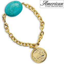 Gold-Layered Buffalo Nickel Bracelet with Turquoise Stone Model# 11367