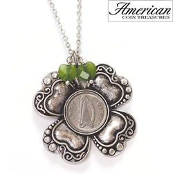 Irish Threepence Four Leaf Clover and Green Heart Charm Pendant Model# 11429
