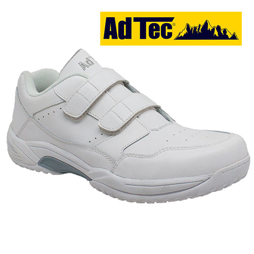 The uppers are crafted from genuine leather and have Velcro straps for a custom fit and easy on/off - no cumbersome laces! Also features Dual density EVA zidsole for shock absorption, lightweight memory foam insole, absorbent linings, quality cement construction and non-metallic ABS shank. The ASTM F-1677 Certified Mark II Slip Resistance rubber outsole is non-slip/ marking and oil/electrical hazard/acid resistant. Color: White. Mens size 9.5XW.