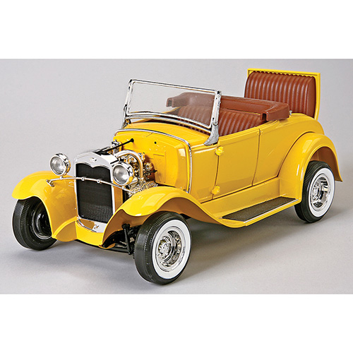 <ul><li>1:16 scale model of the Model A, also known as the A-bone among rodders and customizers</li><li>Amazingly detailed design with realistic interior</li><li>Custom flat-head V-8 engine</li><li>Custom chrome wheels with whitewall tires</li><li>Opening jump seat</li><li>Pose-able steering</li><li>Custom "quick-change" axle</li><li>Deluxe decals</li><li>Skill level 3 (not recommended for kids under 14)</li><li>Glue and paint not included</li></ul>