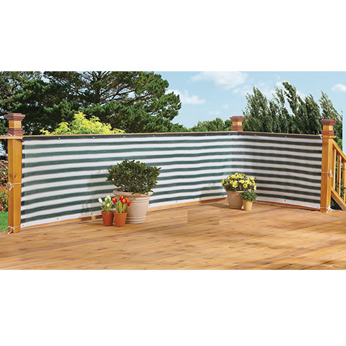 It installs in just a few minutes to your deck railing and features a sharp-looking green & white striped woven design. Plus, it allows air to pass through to help keep you cool and comfortable. Durable waterproof design features reinforced seams & metal grommets. Comes with 39' of polypropylene rope to hold it securely in place. 15' x 3' H each panel.