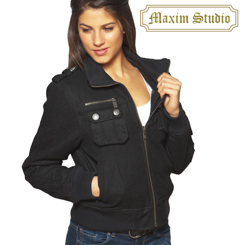 Womens Black Wool Bomber Jacket Model# J-2828(BLACK