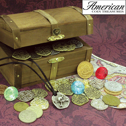 Kid's Treasure Chest with Replica Pirate Coins/Foreign Coins/Gems/Necklace