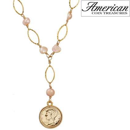 Gold Layered Silver Mercury Dime Pearl Necklace