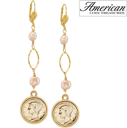 Gold Layered Silver Mercury Dime Pearl Earrings